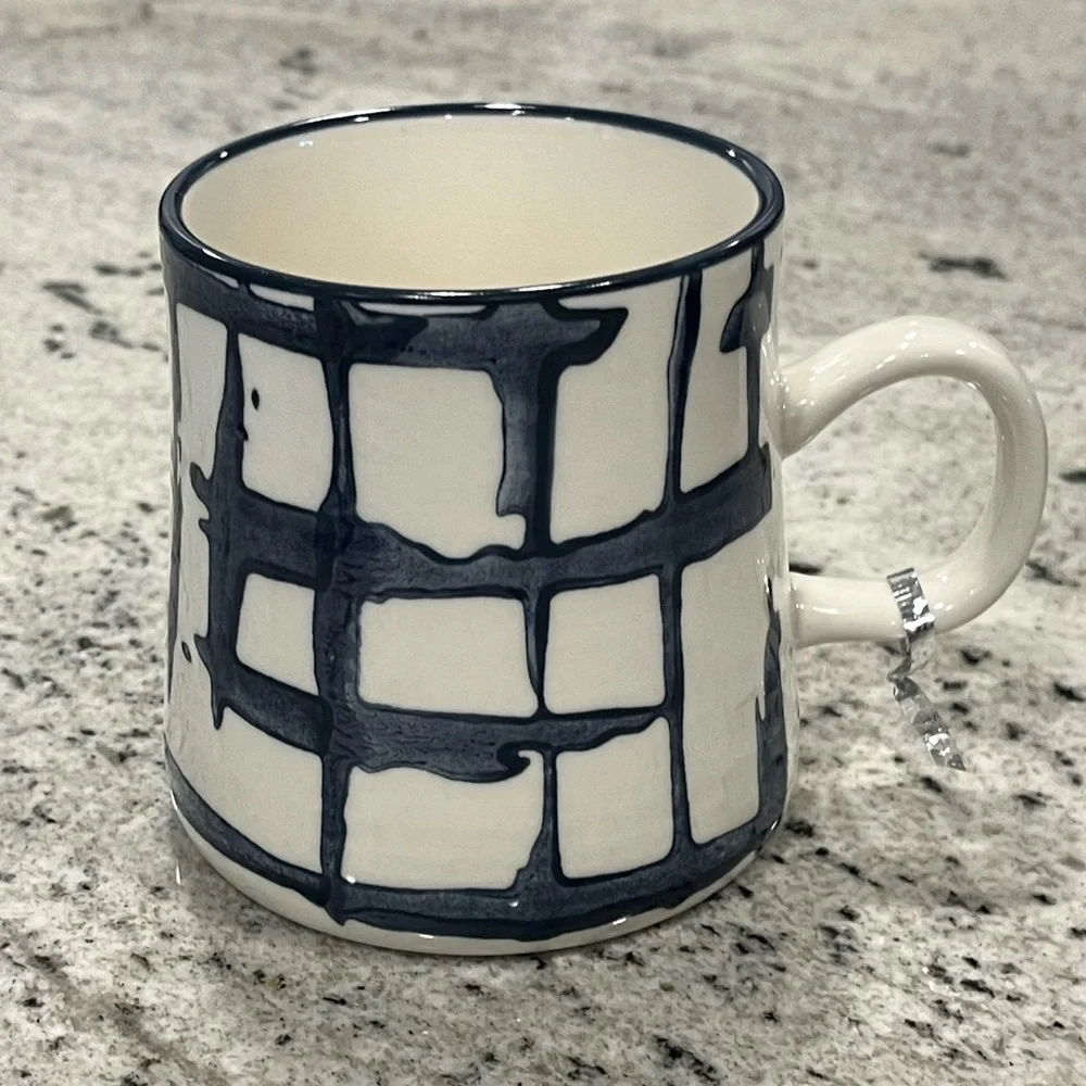 Hand Painted Under Glaze White and Blue Abstract Ceramic Coffee Mug NWOB